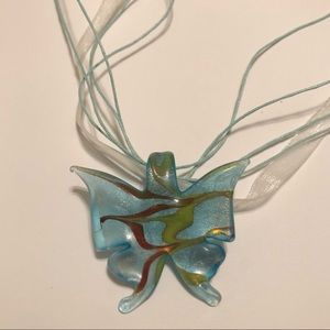 Handmade Glass Teal Butterfly Necklace